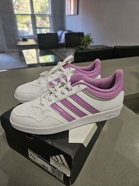 adidas Women’s White Sneakers with Lavender Stripes